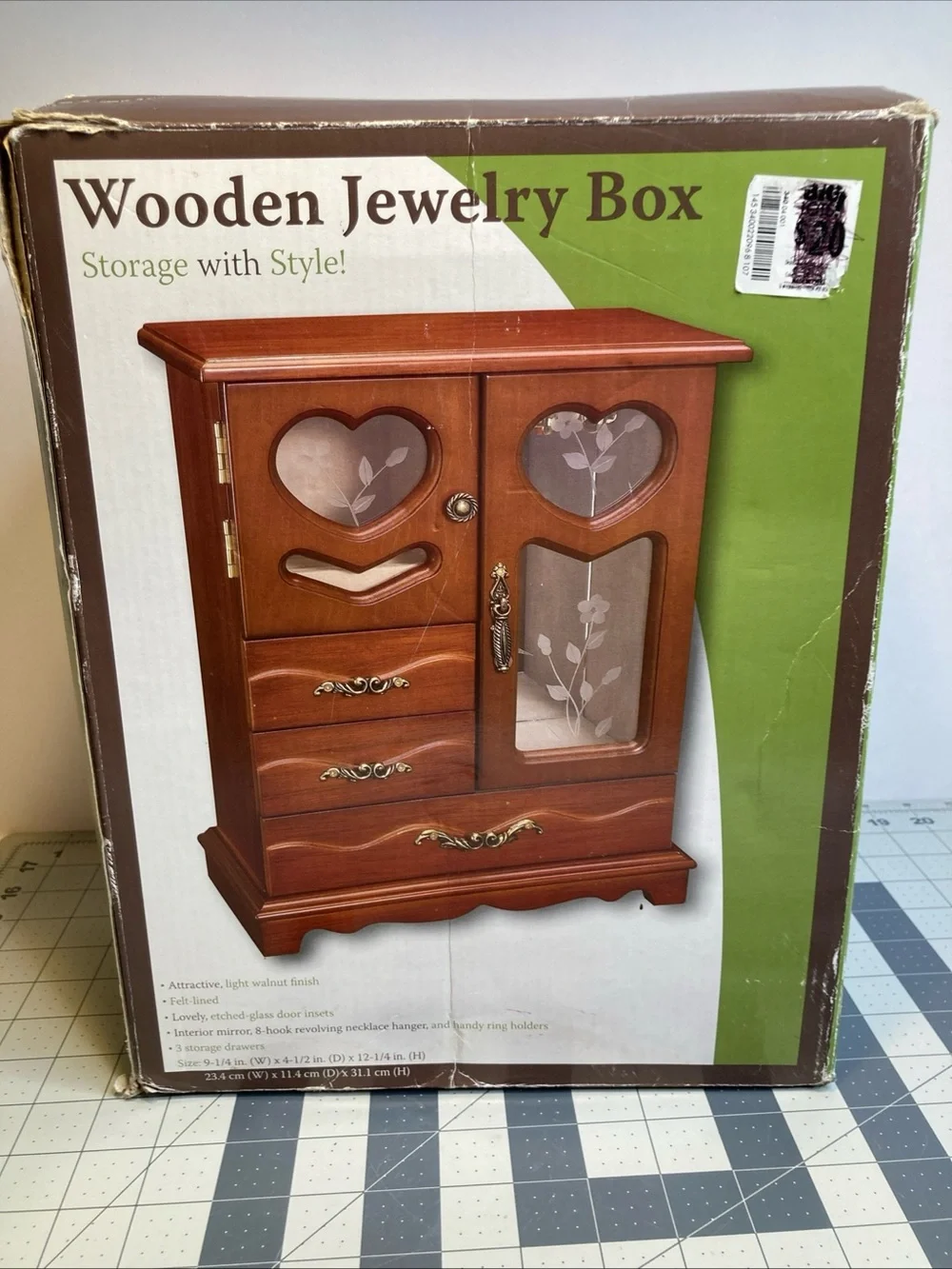Vintage Wooden Jewelry Box Armoire Etched Glass Doors Drawers Mirror Hearts